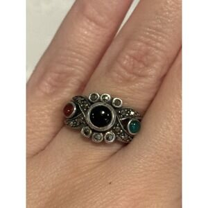 Vintage Sterling‎ Silver Black Onyx & Marcasite 6.25 Ring
